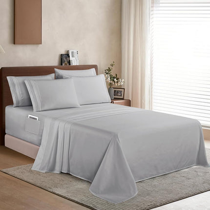 Elegant Comfort 1500 Premium Quality 6-Piece Bed Sheet Set - 18-24 Inch Extra Deep Pocket, Smart Storage Pockets, Wrinkle Free Ultra Soft 6PC Extra Deep Pocket Sheets, Queen, Silver Gray