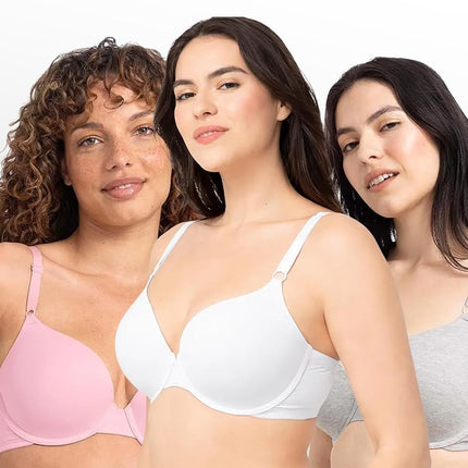 Fruit of the Loom Women's T-Shirt Bra, Opaque, Blushing Rose/White/Grey Heather, 38B (Pack of 3)