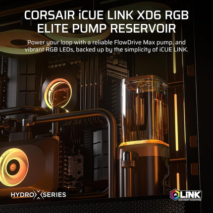 Corsair iCUE LINK XD6 RGB ELITE Pump/Reservoir Unit – FlowDrive Max Pump, Built-In Temperature Sensor, 22 Addressable RGB LEDs, 440ml Transparent Nylon Reservoir