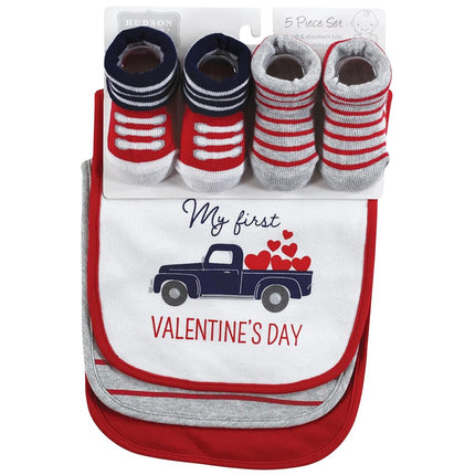 Hudson Baby Unisex Baby Cotton Bib and Sock Set, Valentine Truck, One Size
