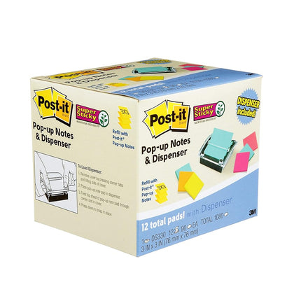 Post-it Sheet Super Sticky Note and Dispenser Value Pack, 3 in x 3 in, 12 Pads, Assorted Colors (DS330-SSVA)