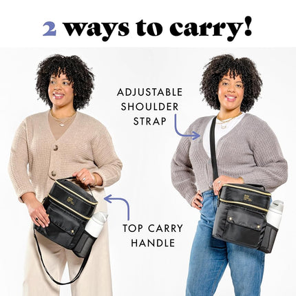 Fit & Fresh Westminster Dual-Compartment Insulated Lunch Bag for Women, Complete Lunch Set with 2 Containers, Double Deck Insulated Cooler Bag with Adjustable Strap, Black