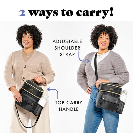 Fit & Fresh Westminster Dual-Compartment Insulated Lunch Bag for Women, Complete Lunch Set with 2 Containers, Double Deck Insulated Cooler Bag with Adjustable Strap, Black