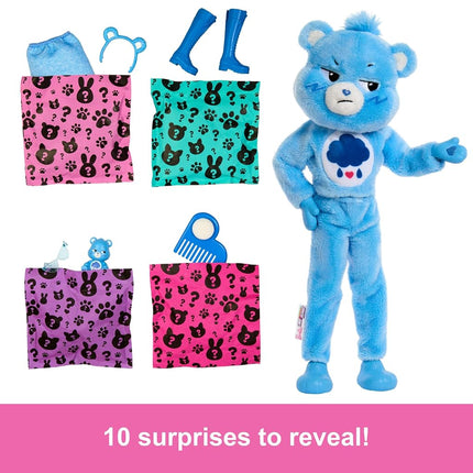Barbie Cutie Reveal Care Bears Series Doll & Accessories Set with Grumpy Bear Plush Costume & 10 Surprises Including Color Change & Mini Bear, JCN96