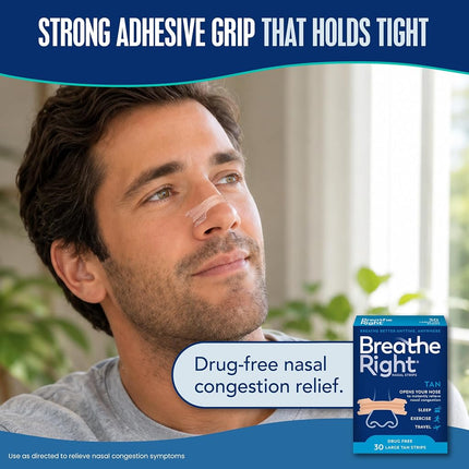Breathe Right Drug-Free Nasal Strips, Tan, Large, for Nasal Congestion Relief, 30 count