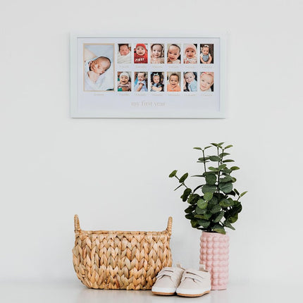 Pearhead My First Year Baby's Twelve Months Photo Moments Collage and Gender Neutral Keepsake - Ideal for Baby Shower, New Mom Gift and Nursery Decor - 13 Inserts, Beige Mat