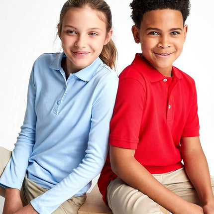 Polo de manga larga interlock para niñas French Toast con cuello picot, azul claro, 10-12 Plus