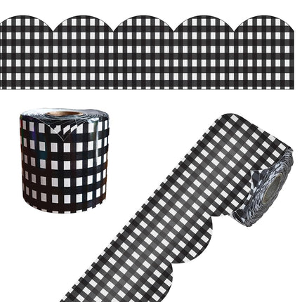 Carson Dellosa Farmhouse 65Ft of Black and White Gingham Bulletin Board Borders, 1 Roll of Scalloped Trim for Rolling Whiteboard, Cork and Posterboard, Party, Office Decorations, and Classroom Decor