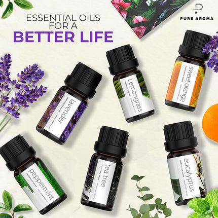 PURE AROMA Essential Oils by 100% Pure Therapeutic Grade Oils kit- Top 6 Aromatherapy Oils Gift Set-6 Pack, 10ML(Eucalyptus, Lavender, Lemon Grass, Orange, Peppermint, Tea Tree)