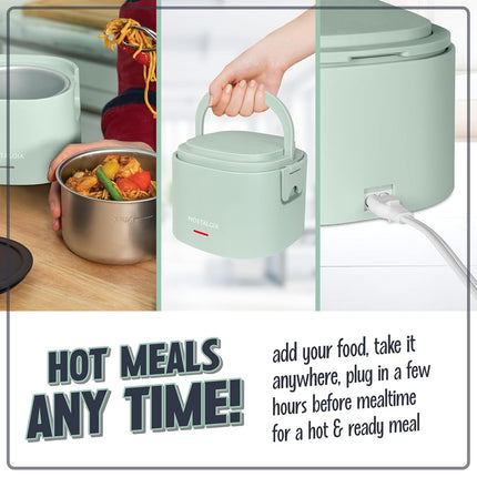 Nostalgia Portable 20-Ounce Electric Heated Lunch Box � Travel Size 2.5 Cup Capacity for Soup, Chili, and Leftovers � Leak Proof Silicone Sealed Lid, Foldable Carry Handle, Detachable Cord � Sage