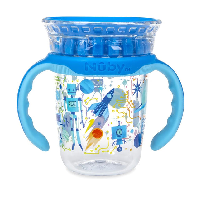 Nuby 360 Edge 2 Stage Drinking Rim Cup with Removable Handles & hygienic Cover: 8 Oz/ 240 Ml, 12M+, Robot, Blue