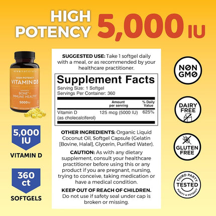 Vitamin D3 5000 IU, 360 Softgels - High Potency Vitamin D Made with Organic Coconut Oil, Vitamin D for Healthy Immune Function, Bone Health & Muscles Function