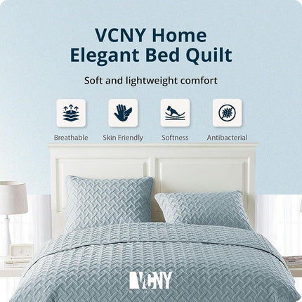 VCNY Home Quilt Set-Ultra-Soft Reversible Coverlet Bedding-Lightweight, Cool, and Breathable Bedspread, Machine Washable, Microfiber, Blue, Full/Queen
