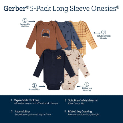 Paquete de 6 bodys de manga larga Gerber para bebé, estilo western, 0-3 meses