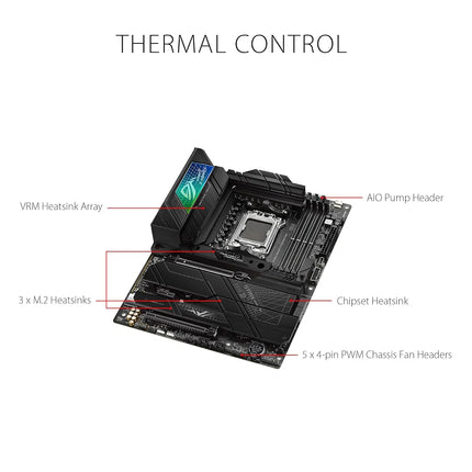 ASUS ROG Strix X670E-F Gaming WiFi AMD Ryzen AM5 ATX motherboard, 16 + 2 power stages, DDR5 support, four M.2 slots with heatsinks, USB 3.2 Gen 2x2, PCIe 5.0, WiFi 6E, AI Cooling II, and Aura Sync