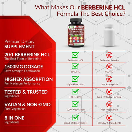 Berberine Supplement 1500mg with Ceylon Cinnamon, Bitter Melon & Gymnema – 8-in-1 Formula – 120 Capsules
