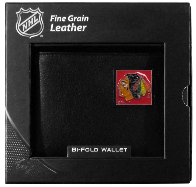 NHL Chicago Blackhawks Leather Bi-Fold Wallet Packaged in Gift Box, Black