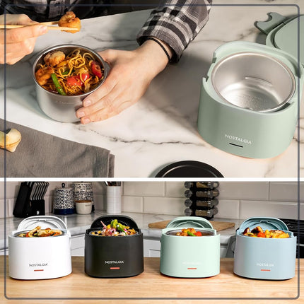 Nostalgia Portable 20-Ounce Electric Heated Lunch Box � Travel Size 2.5 Cup Capacity for Soup, Chili, and Leftovers � Leak Proof Silicone Sealed Lid, Foldable Carry Handle, Detachable Cord � Sage