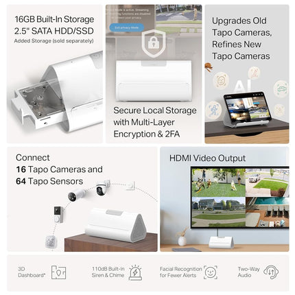 Tapo Smart Home Central Hub for Smart Devices – Connect up to 16 Our Cameras & 64 Sub-G Sensors, Built-in 16GB Storage + 2.5'' SATA Expandable Storage Option, Improves Camera AI Accuracy – Tapo H500
