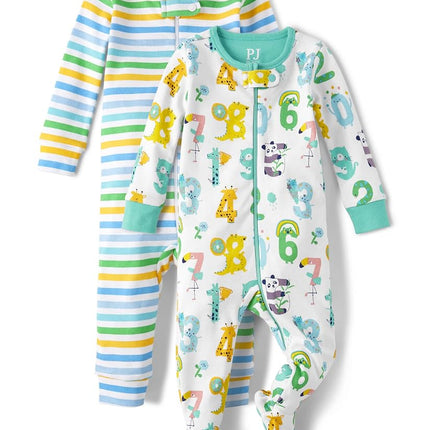 The Children's Place Boys' and Toddler Long Sleeve 100% Cotton Zip-Front One Piece Footed Pajama, White 2 Pack, 6-9 Months