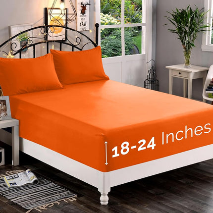Elegant Comfort 1500 Premium Quality Fitted Sheet Ultra Soft 18-24 Inch Extra Deep Pocket - Single Fitted Sheet for High Mattress - Wrinkle Free with Smart Storage Pockets, Full, Orange