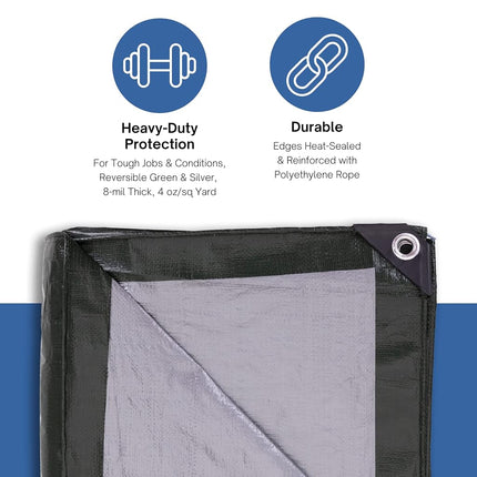 Kotap 10 x 10 Ft. Heavy-Duty Protection/Coverage Tarp, 8-mil, Reversible, Multi-Use, Waterproof, Green-Silver, (TGS-1010)