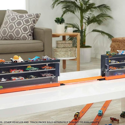 Autos de juguete Hot Wheels, set de 8 vehículos a escala 1:64 y estuche de exhibición y almacenamiento interactivo con capacidad para 12, se conecta a la pista
