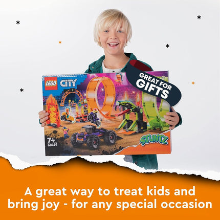 LEGO 60339 City Stuntz Double Loop Stunt Arena, Monster Truck Playset with 2 Toy Motorbikes, Ramp and Minifigures, for Kids Aged 7 Plus