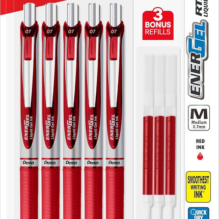 Pentel EnerGel Liquid Gel Ink Pens 0.7 mm - Pack of 5 Red Deluxe RTX Energel Pens with 3 Refills