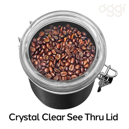 Oggi Stainless Steel Kitchen Canister 26 fl oz, Black - Airtight Clamp Lid, Clear See-Thru Top - Ideal for Kitchen Storage, Food Storage, Pantry Storage. Size 5" x 3.5".