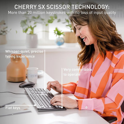 CHERRY STREAM KEYBOARD, Wired Keyboard, EU Layout (QWERTY), Whisper-Quiet Keystrokes, Unique Typing Experience, Flat Design, Black