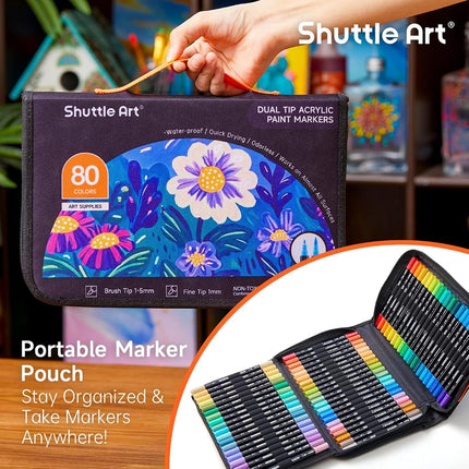 Shuttle Art Acrylic Felt, 80 Colours Double Tip Acrylic Paint Markers (Fine and Shark), Acrylic Marker on Ceramic Plastic Canvas, Felt Paint for Calligraphy, DIY