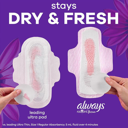 Always Radiant Feminine Pads for Women, Flexfoam Pads with Wings, Size 5, Extra Heavy Overnight Absorbency, Lightly Scented, 54 Count (3 Packs of 18)