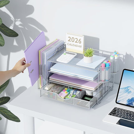 gianotter Paper Organizer with File Holder for Desk, 4 Tier Letter Tray Office Desk Organizers and Accessories - Workspace Organizers with Drawer and 2 Pen Holder for Office Supplies (Grey), 4T-2