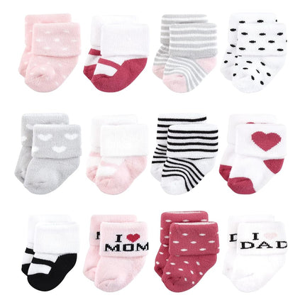 Hudson Baby Baby Girls' Cotton Rich Newborn and Terry Socks, Mom and Dad Girl Pink Black 12-pack, 6-12 Months