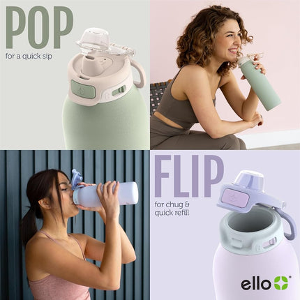 Ello Pop & Fill 32oz Stainless Steel Water Bottle with QuickFill Technology, Double Walled and Vacuum Insulated Metal, Leak Proof Locking Lid, Straw and Chug, Reusable, BPA Free, Serene Bloom