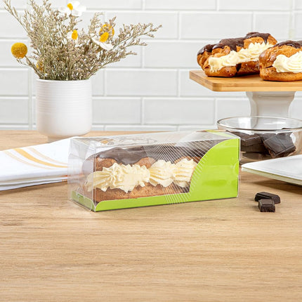 Restaurantware-7 Inch x 2.5 Inch Clear Dessert Boxes, 100 Green Paper Sleeve Transparent Candy Boxes - Geometric Line Accent, No Grease Lining, Clear Plastic Favor Box, Crack Resistant