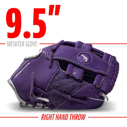 Franklin Sports Teeball Glove and Ball Set - Meshtek Teeball Glove and Foam Baseball - Purple/Silver - 9.5" Right Hand Throw, Purple/Chrome, 22809
