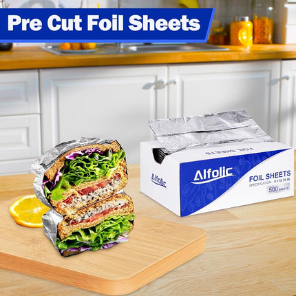 Alfolic Aluminum Foil Sheets - 9" x 10.75" Pre Cut Tin Foil, Premium Aluminum Foil Wraps for Cooking, Storing Food - 500 Sheets