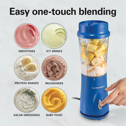 Hamilton Beach Personal Blender for Smoothies & Protein Shakes, Portable Single Serve Blender with Travel Lid, 14 oz BPA-Free Jar, 175W, Compact Countertop Blender, Monaco Blue, 51132G