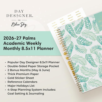 Blue Sky 2026-2027 Weekly & Monthly Academic Planner, 8.5"x11", Palms