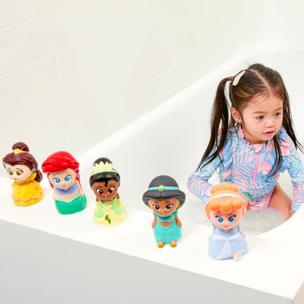 Disney Princess - Set de 5 juguetes de baño con chorros y cubo organizador - Juguetes de baño para bebés y niños pequeños - Incluye cubo organizador - Guarda los juguetes de agua para la hora del baño