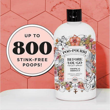 Recharge de vaporisateur de toilettes avant utilisation Poo-Pourri, Hibiscus Tropical, 473 ml, Jusqu'à 800 utilisations, Désodorisant de salle de bain avec huiles essentielles pour la maison ou le travail, Parfum Hibiscus, Abricot et Agrumes