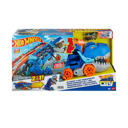 Hot Wheels City Ultimate T-Rex Transporter & 2 Die-Cast Toy Cars