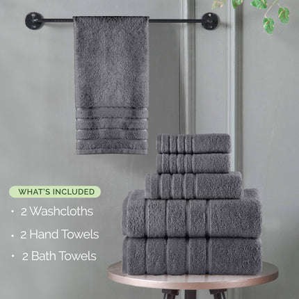 Elegant Comfort 4 Lines Viscose Stripe 6-Piece Premium Towel Set - 100% Turkish Cotton High Absorbent Luxury Bathroom Towels – Includes 2 Washcloths, 2 Hand Towels and 2 Bath Towels Set, Gray