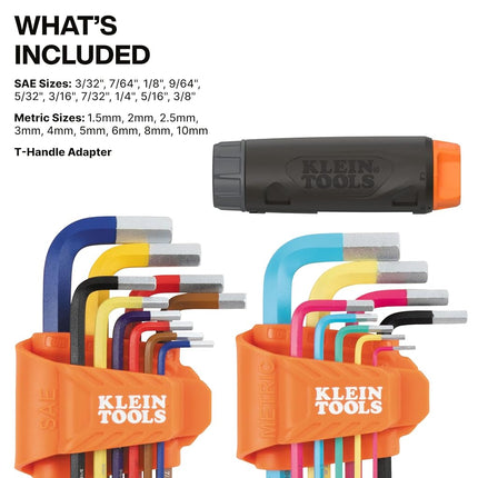 Klein Tools 80205 SAE and Metric Allen Key Set, 20-Piece with T-Shaped Adapter, Colour Coded, Long Allen Key with Adapter with T-Handle for More