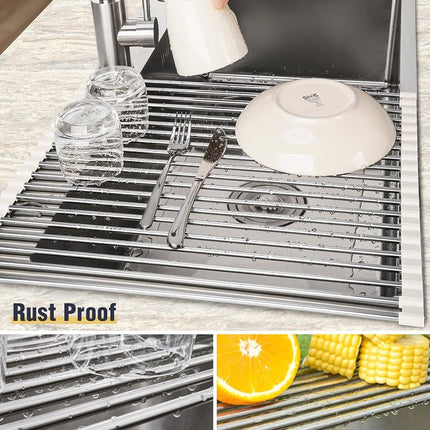 Tomorotec 21" x 15.5" Roll Up Dish Drying Rack Over Sink Drying Rack Sink Cover Kitchen Sink Accessories Gadget Multipurpose Organizer Foldable Stainless Steel Drainer