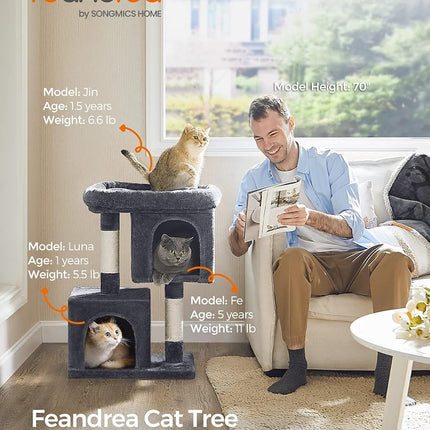 Feandrea Cat Tree Tower, 74 cm, M, Condo for Medium Cats up to 11 lb, Large Perch, 2 Caves, Scratching Post, Smoky Gray UPCT612G01