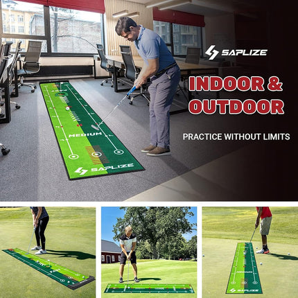 SAPLIZE Two-Speed Golf Putting Practice Mat with Putting Alignment Mirror, 20 in X 10 ft Putting Training Aid Mat, Anti-Slip Backing Golf Putting Green for Indoor/Outdoor