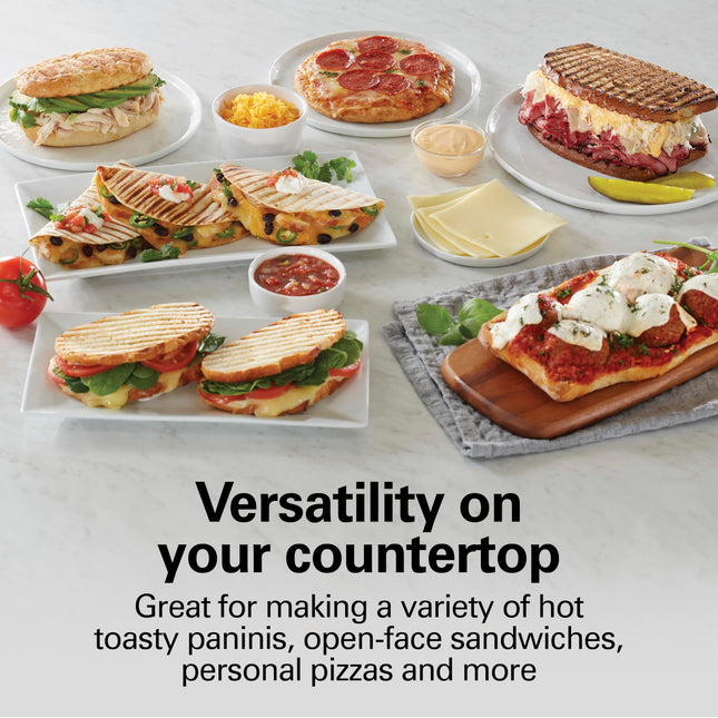Prensa Panini Eléctrica Hamilton Beach con Tapa de Bloqueo, Apta para Sándwiches de Cualquier Grosor, Placas Antiadherentes de 20.3 x 25.4 cm, Acabado Cromado (25460A)